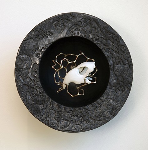 burnished raku fired and porcelain held with bronze molecular structure, nature, ecosystems