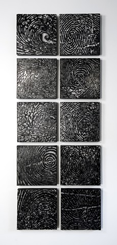 natural forces and thumprints ceramic wall installation by Ana Englandd art and science