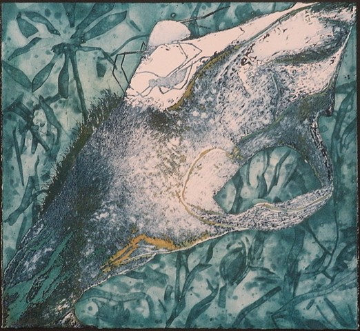 This untitled intaglio print was created with a 3 color viscosity technique on rives bfk.