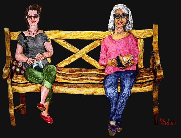 Crochet art of women sitting on a bench, crocheting and reading crochet fiber art by Pat Ahern.