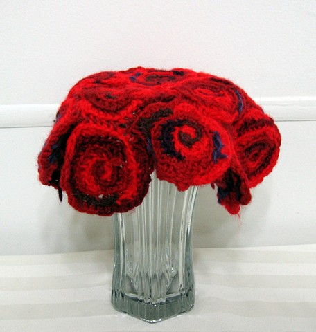 Rose vase cozy crochet vase cover yarn fiber art by Pat Ahern.