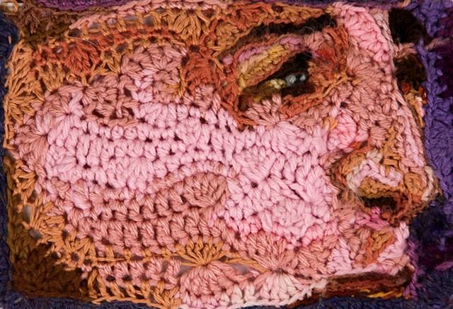 Crochet art portrait of a woman winking crochet fiber art by Pat Ahern
