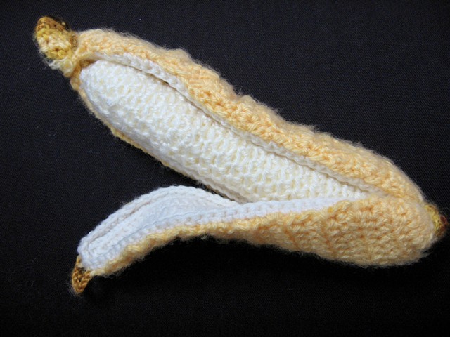 Crochet banana toy crochet banana peel yarn fiber art by Pat Ahern.