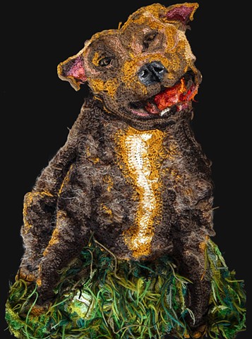 Crochet art portrait of a dog pit bull at Gather DTLA /crochet fiber art by Pat Ahern.