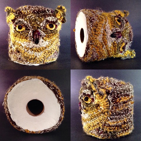 Owl toilet paper cozy crochet tp cozy yarn fiber art by Pat Ahern.