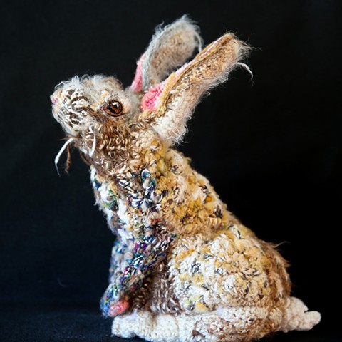 Bunny rabbit toilet paper cozy crochet yarn art by Pat Ahern.