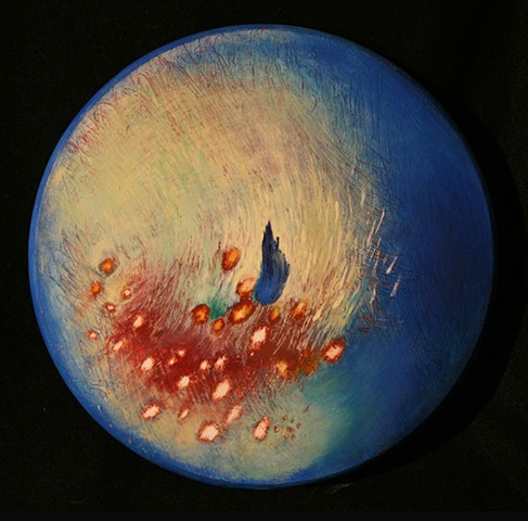 blue oil painting on circular wooden panel,