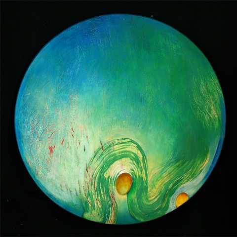 blue green circular oil painting on panel