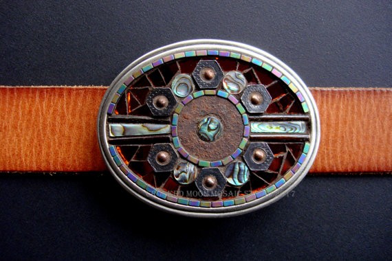 One of a Kind Mosaic Belt buckle in Rust and Abalone