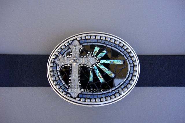 One of a Kind Mosaic Belt Buckle with Cross