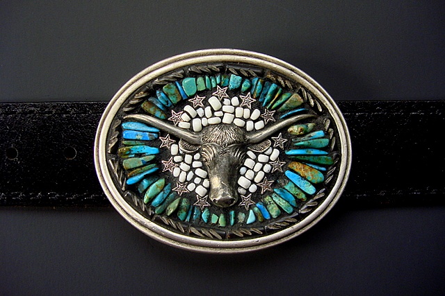 Sterling Longhorn and Turquoise One of a Kind Belt Buckle
