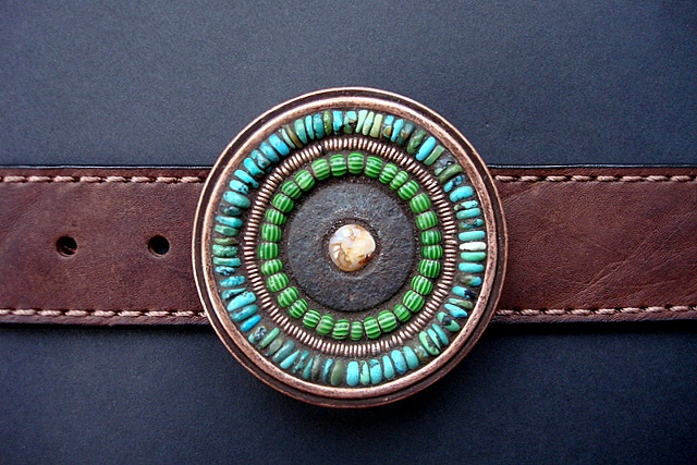 One of a kind belt buckle with turquoise and jasper.