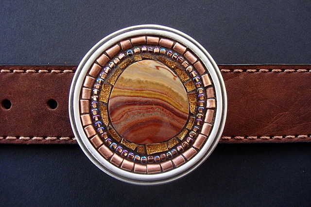 One of a kind belt buckle with dolomite, glass,copper.