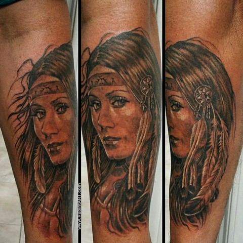 american indian girl tattoo. realistic tattoo. portrait tattoo