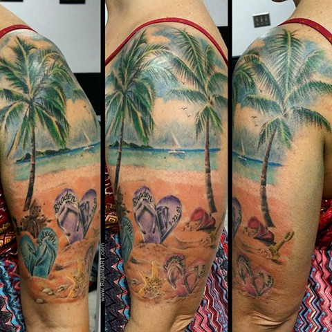 beach tattoo. sandals tattoo palm tree tattoo. realistic tattoo. family tattoo