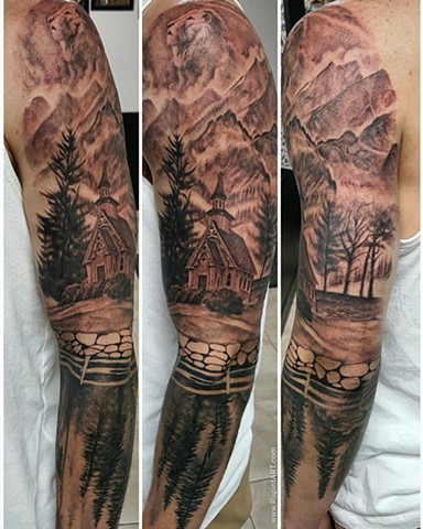 church tattoo. nature tattoo. forest tattoo mountain tattoo realistic tattoo