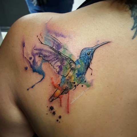 hummingbird tattoo. watercolor tattoo. freehand