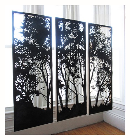 silhouette of 3 birch trees acid cut into copper from the maine state house