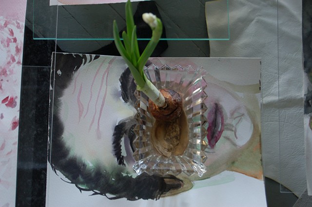Landscape/Still-life w/ Faces/Vases; extreme detail: face w/ narcissus about to bloom