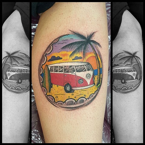 VW Bus Beach Surfing Tattoo