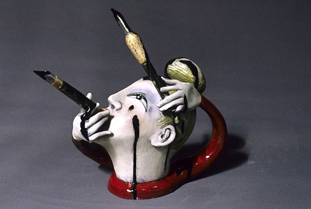 "Red Woman With Leaking Pens" Teapot