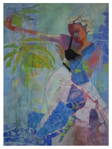 dancer, dancing, mermaid, acrylic painting, collage, handprinted papers, figure painting