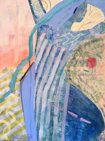 Acrylic painting collage, female figure, river, climate change