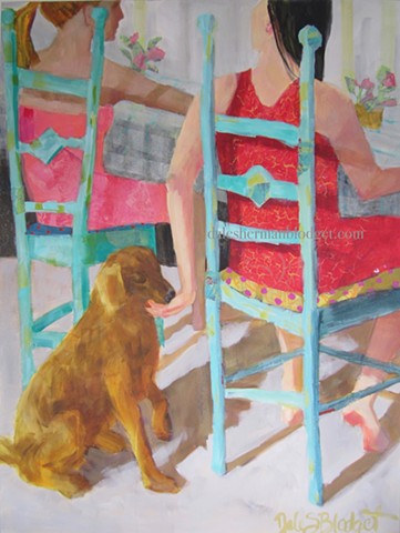 Acrylic painting collage, female figure, Golden Retriever, 