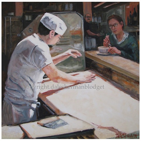 oil painting, bakery, pastry chef, figures