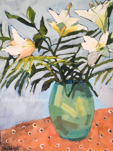 Still life, white lilies, verdigris vase