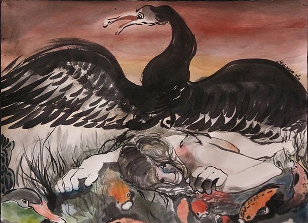 expressive ink brush painting, Leda supine, koi and black swan, red sky
