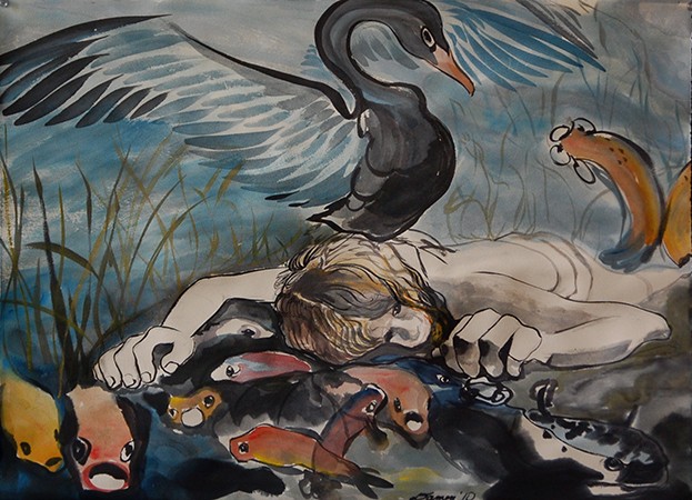 expressive ink brush painting, Leda supine, koi and black swan