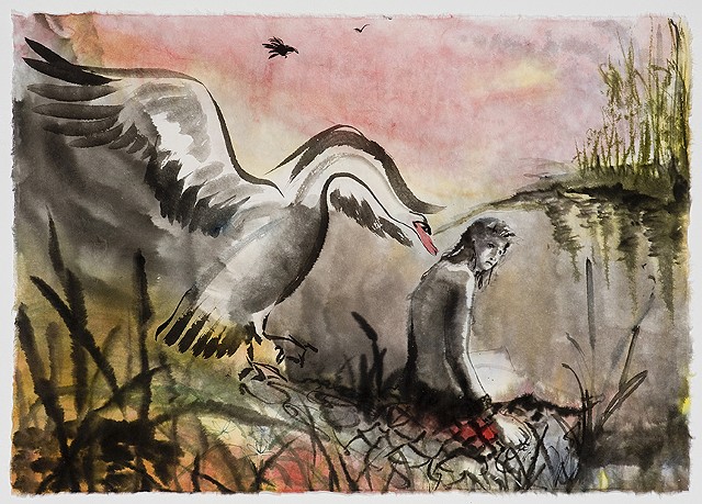 sitting Leda, watercolor and swan with out stretched wings 
