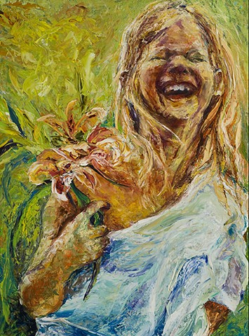 young girl laughing, thick free brush strokes warm colors