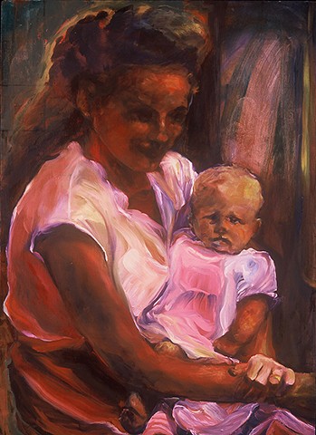 pensive mother holding infant, light behind hair