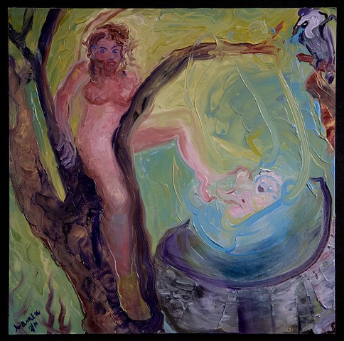 vulture ,fake  infant in blue cradle and nude mother in the tree