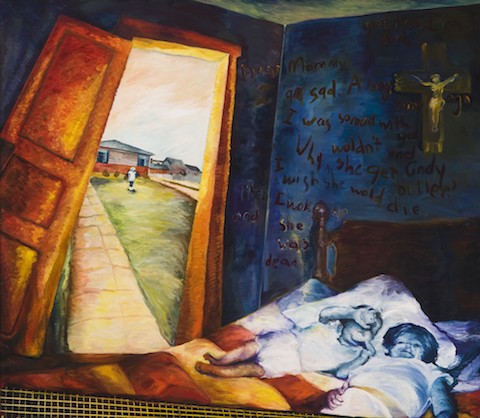 two children on a bed, wall writing and open door to distant scene