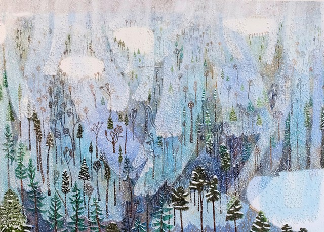 Landscape painting by Sophia Heymans of a snowy day. The snowflakes are textual and made from seeds of plants. I hope you fall down 