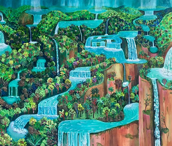 Landscape painting by Sophia Heymans of many waterfalls with moss as a main material