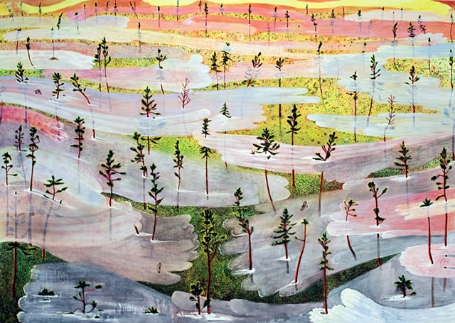 Painting by Sophia Heymans of fog rising over field with pine trees at sunrise . Inspired by Rihanna 