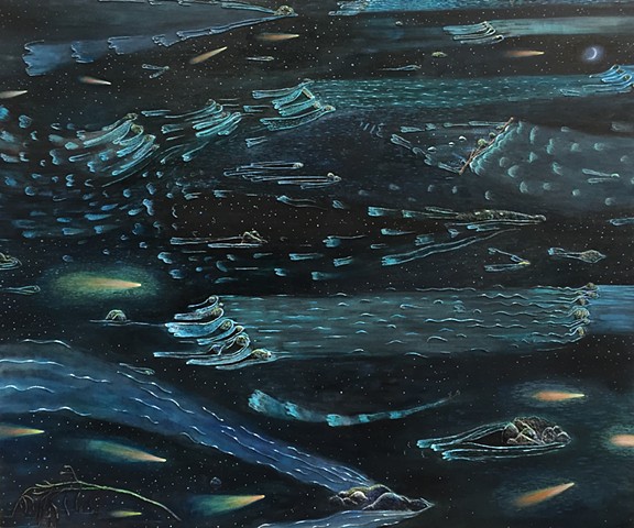 Painting by Sophia Heymans. Oil Painting of a river at night and comets and meteors reflected in the water. 