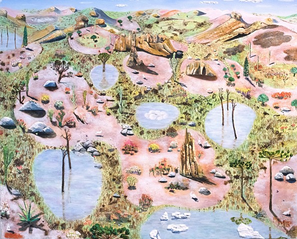 Pastel colored painting by Sophia Heymans of strange landforms and Easter bunnies and Easter eggs