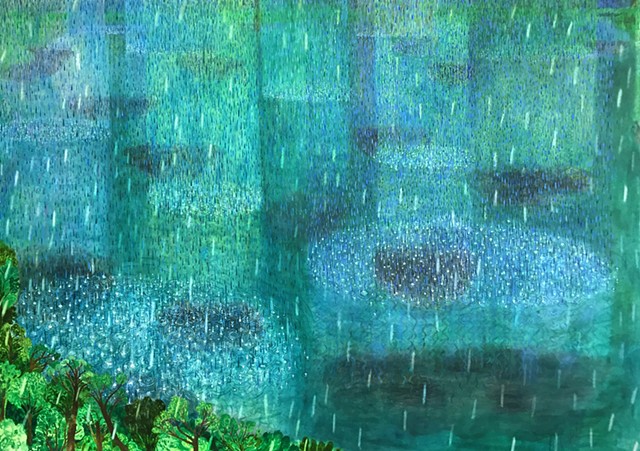 A landscape oil painting by Sophia Heymans of a rainstorm reflected into a lake. Greens and blues 