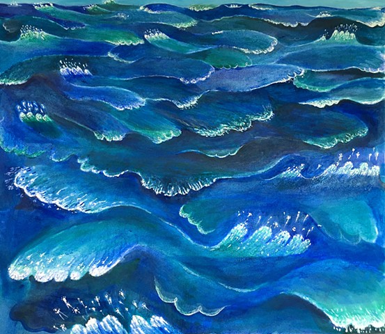 Ultramarine blue painting of the ocean with playful waves by Sophia Heymans 