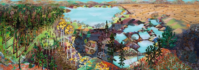 Panoramic landscape painting of Minnesota in all of its different biomes , hay bales, woods, lakes by Sophia Heymans 