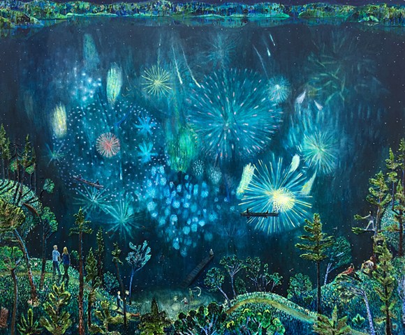 Painting by Sophia Heymans of a fire work show reflected into a Minnesota lake at night 