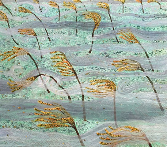 A grey, white and orange landscape painting of wind playfully wrapping around trees in the fall.  Painting by Sophia Heymans 