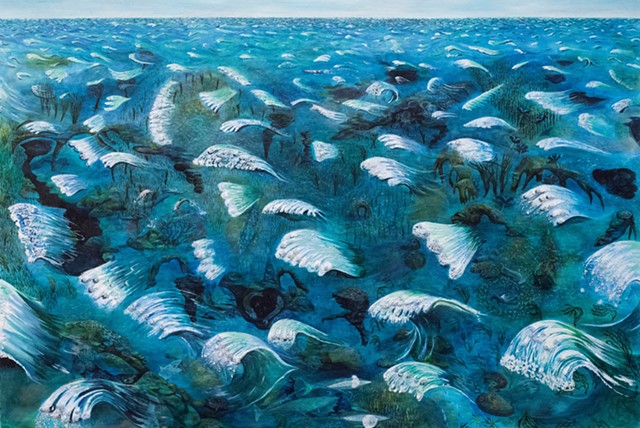 Painting by Sophia Heymans of an imaginary ocean with waves made of burrs. Dolphins, whales, hammerhead sharks, sting rays