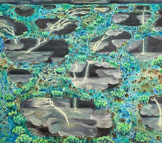 Landscape painting by Sophia Heymans of light night reflected into black pools of water at night
