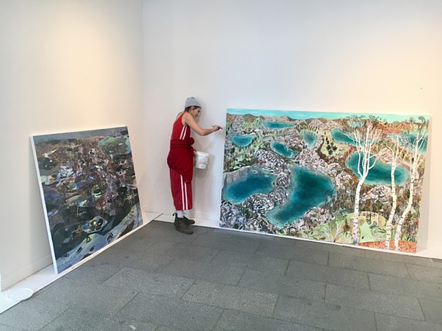Touching up the edges of "The Quarries" before hanging the show at Saint John's University. Collegeville, Minnesota. 2017